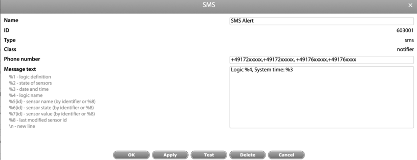 Enter the mobile phone numbers for SMS alerts